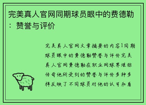 完美真人官网同期球员眼中的费德勒：赞誉与评价