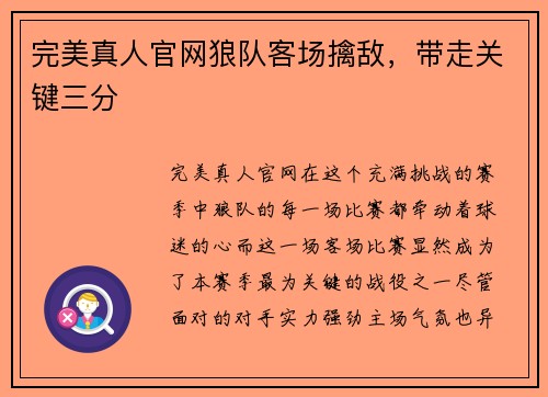完美真人官网狼队客场擒敌，带走关键三分