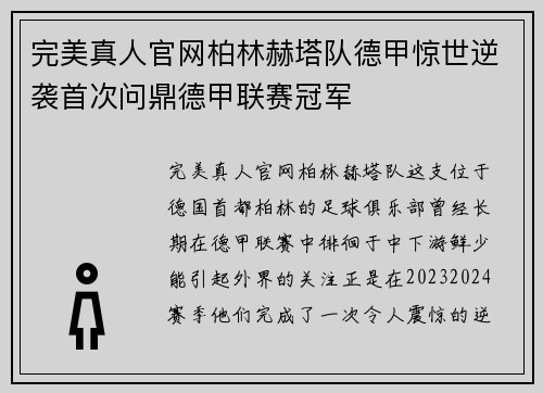 完美真人官网柏林赫塔队德甲惊世逆袭首次问鼎德甲联赛冠军
