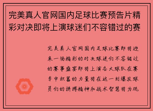 完美真人官网国内足球比赛预告片精彩对决即将上演球迷们不容错过的赛事盛宴