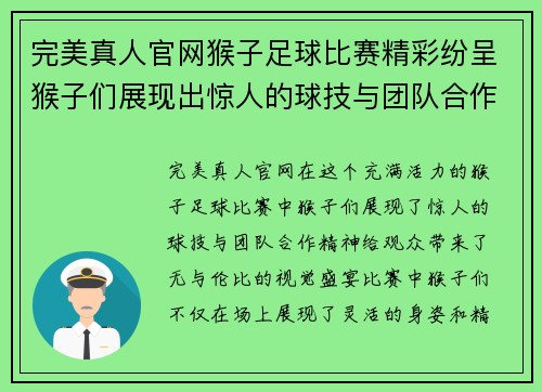 完美真人官网猴子足球比赛精彩纷呈猴子们展现出惊人的球技与团队合作精神