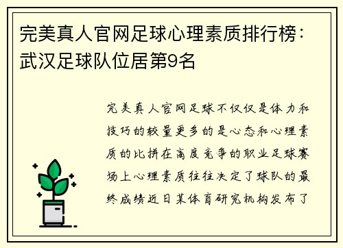 完美真人官网足球心理素质排行榜：武汉足球队位居第9名