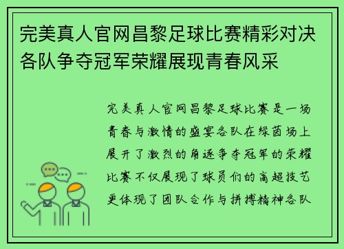 完美真人官网昌黎足球比赛精彩对决各队争夺冠军荣耀展现青春风采