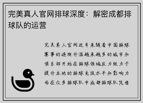 完美真人官网排球深度：解密成都排球队的运营