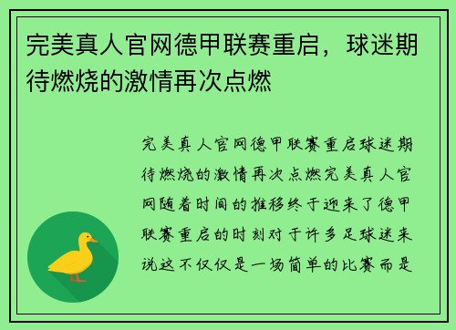 完美真人官网德甲联赛重启，球迷期待燃烧的激情再次点燃