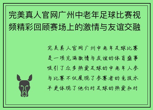 完美真人官网广州中老年足球比赛视频精彩回顾赛场上的激情与友谊交融