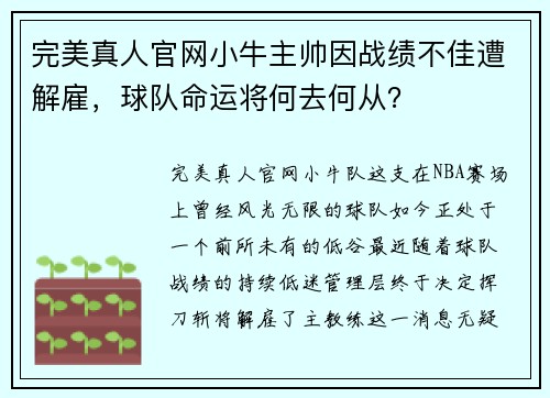 完美真人官网小牛主帅因战绩不佳遭解雇，球队命运将何去何从？
