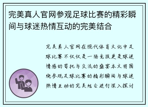 完美真人官网参观足球比赛的精彩瞬间与球迷热情互动的完美结合